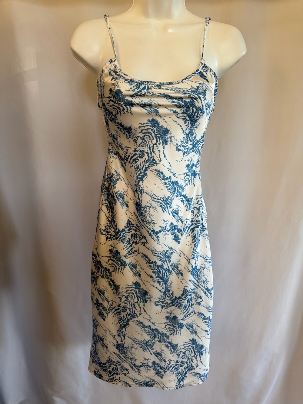 LIONESS Blue & Cream Toile Print Cut-Out Slip Mini Dress Size Small